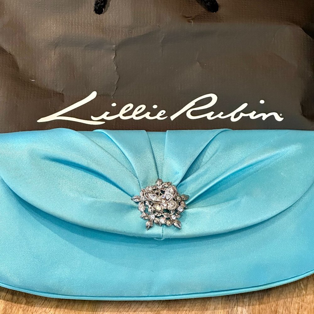 LILLIE RUBIN SATIN TEAL EVENING CLUTCH/SHOULDER W RHINESTONE EMBELLISHMENT PROM